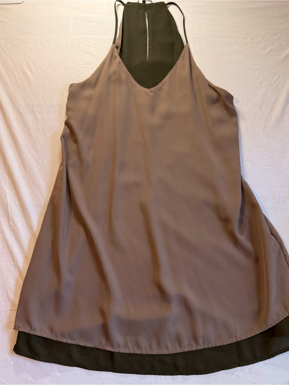 Tempted Taupe Reversible Halter Slip Dress with spaghetti straps.